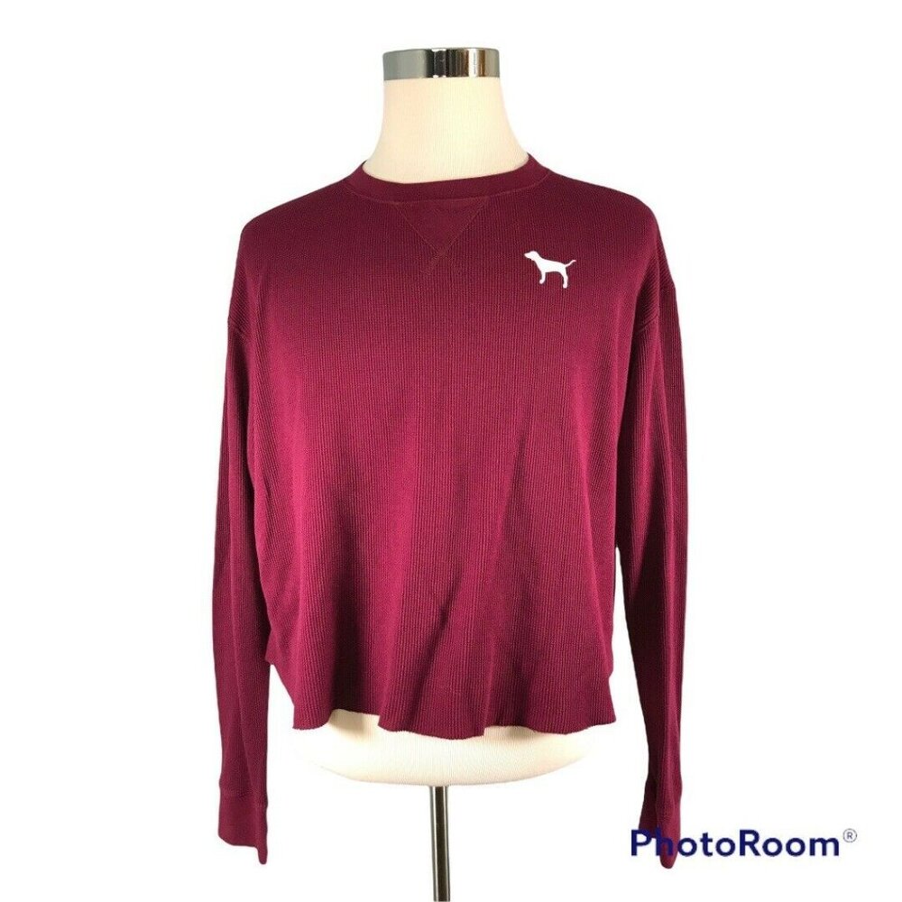 Victorias Secret Pink Womens Burgundy Long Sleeve Waffle Knit Top Size L Large